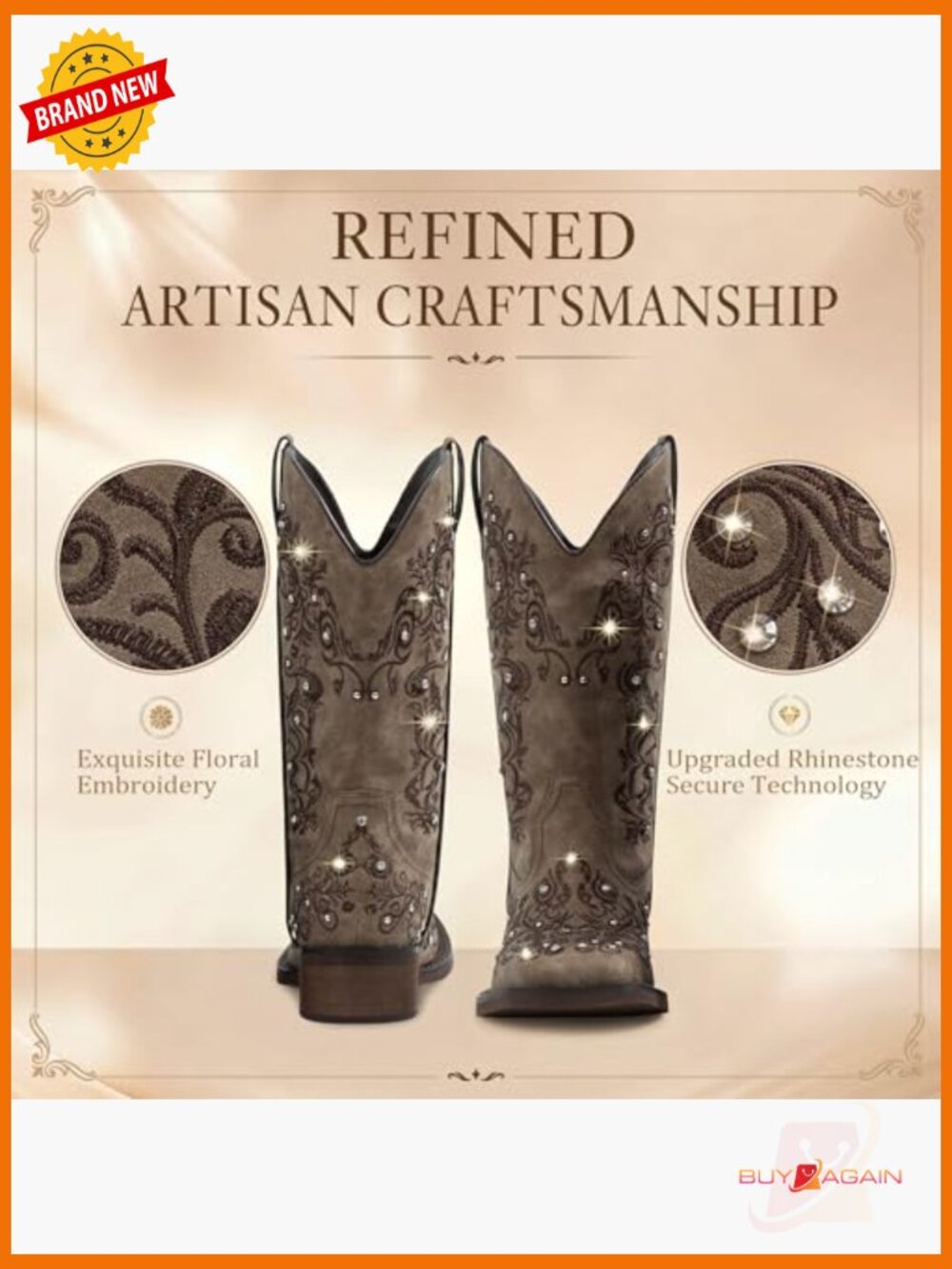 Western Cowgirl Boots Mid Calf Rhinestone Square Toe Pull On - Picture 4 of 7